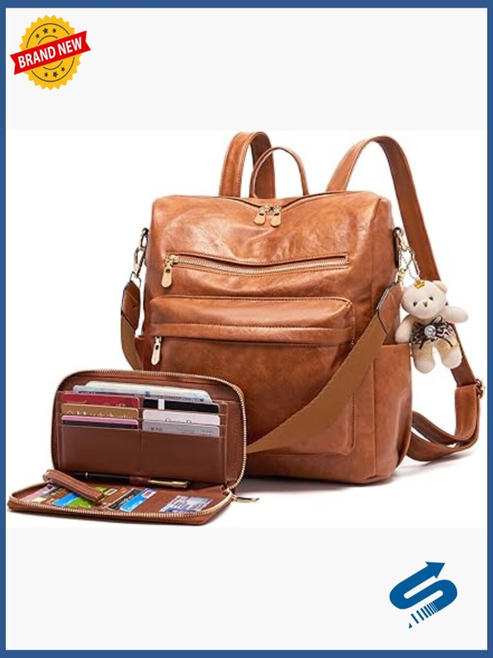 Vegan Leather Backpack Purse Set 2pcs, Large Travel Handbag Shoulder Bag